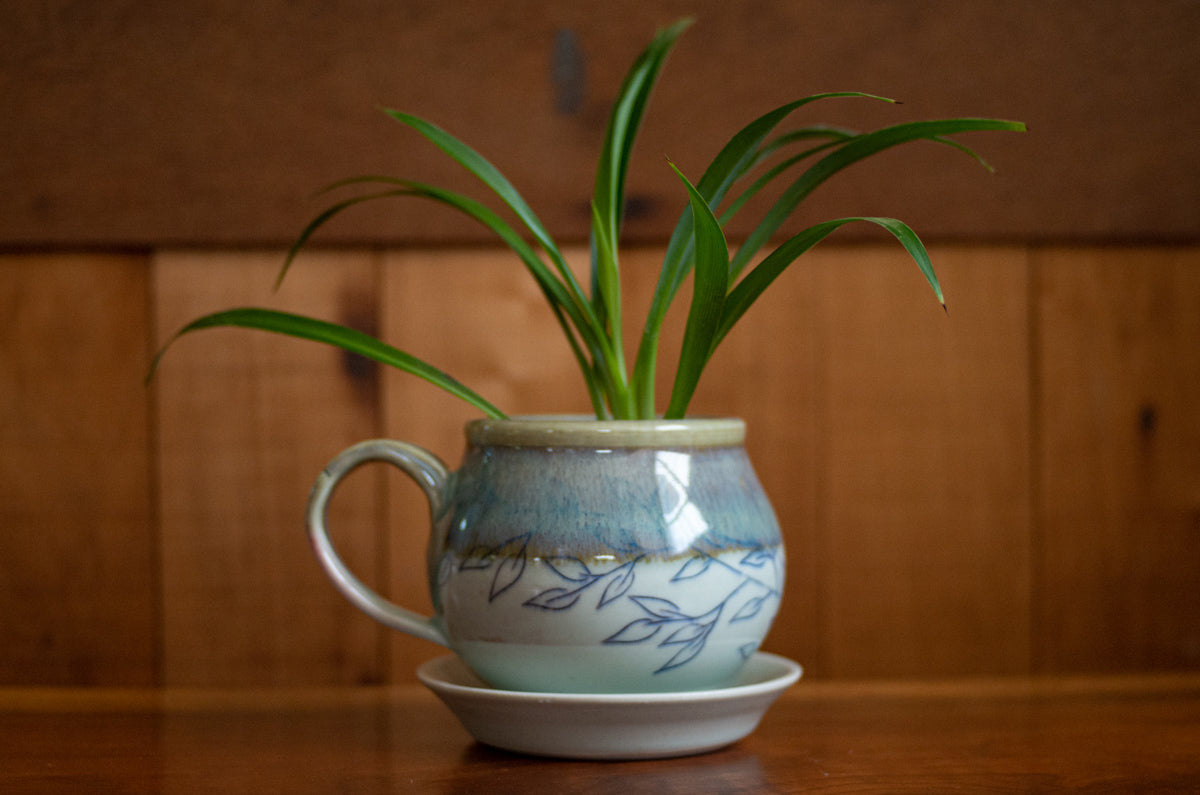 cobalt leaves mug planter